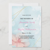 Roze bloemengoud lijst blauw waterverf Bruiloft Kaart (Voorkant)