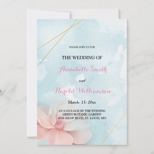 Roze bloemengoud lijst blauw waterverf Bruiloft Kaart (Voorkant)