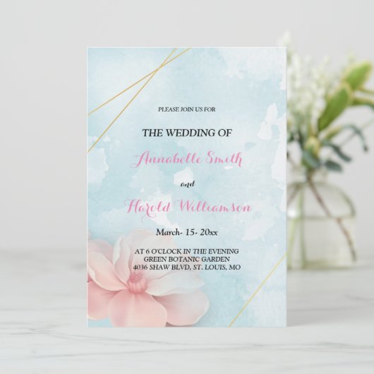 Roze bloemengoud lijst blauw waterverf Bruiloft Kaart (Staand voorkant)