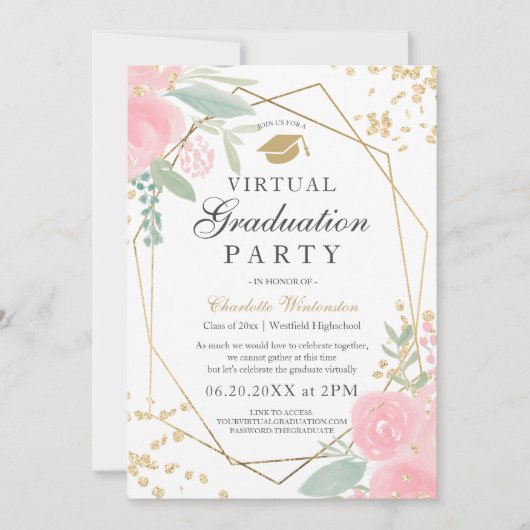 Roze bloemengoud lijst foto's virtueel Afstuderen Kaart (Voorkant)
