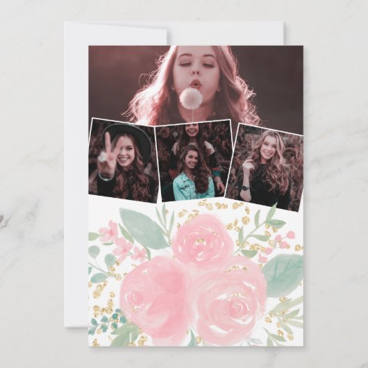 Roze bloemengoud lijst foto's virtueel Afstuderen Kaart (Achterkant)