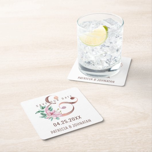 Roze bloemengoud roos ampersand save datum bruilof kartonnen onderzetters (Insitu)