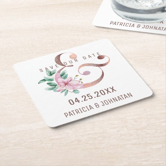 Roze bloemengoud roos ampersand save datum bruilof kartonnen onderzetters (Schuin)