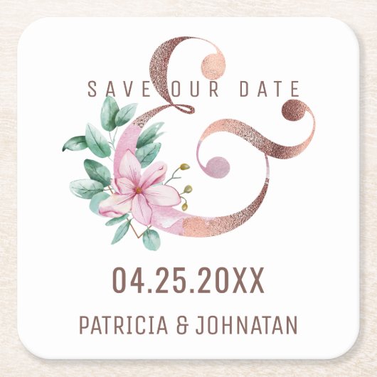 Roze bloemengoud roos ampersand save datum bruilof kartonnen onderzetters (Voorkant)