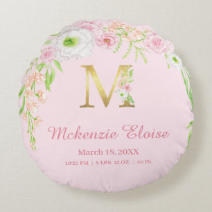 Roze Bloemengouden Monogram "M" Baby Meisje Stats Rond Kussen