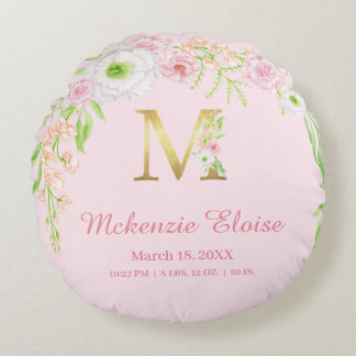 Roze Bloemengouden Monogram "M" Baby Meisje Stats Rond Kussen