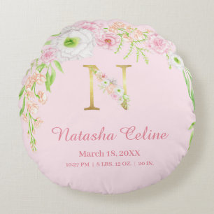 Roze Bloemengouden Monogram "N" Baby Meisjes Stats Rond Kussen