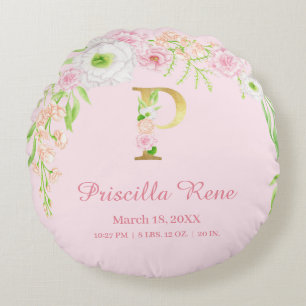 Roze Bloemengouden Monogram "P" Baby Meisjes Stats Rond Kussen