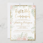 Roze bloemengouden rand Eerste Heilige Communie Kaart (Voorkant)