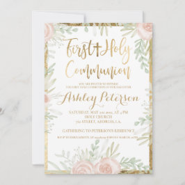 Roze bloemengouden rand Eerste Heilige Communie Kaart