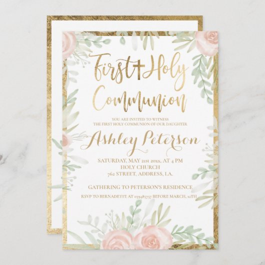 Roze bloemengouden rand Eerste Heilige Communie Kaart (Voorkant / Achterkant)