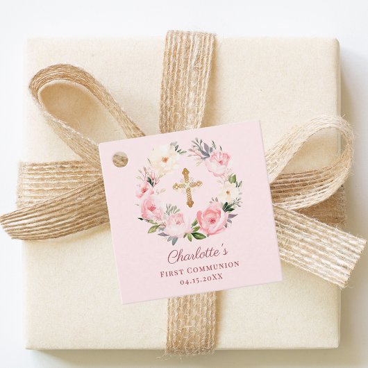 Roze bloemengrans eerste communie DIY Bedankjes Labels