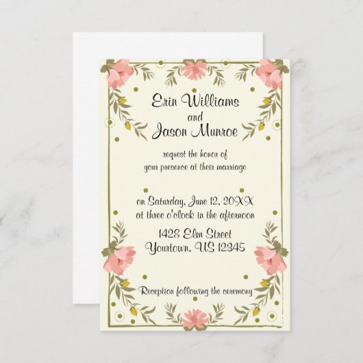 Roze Bloemengrens Bruiloft uitnodiging (Voorkant / Achterkant)