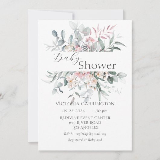 Roze Bloemengroen Elegant Baby shower Kaart (Voorkant)