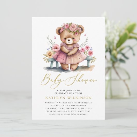 Roze Bloemengroen Elegant Script Baby shower Kaart (Staand voorkant)