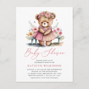Roze Bloemengroen Elegant Script Baby shower Uitnodiging Briefkaart