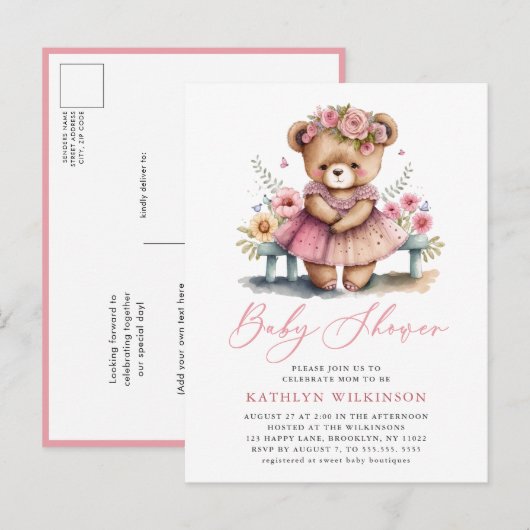 Roze Bloemengroen Elegant Script Baby shower Uitnodiging Briefkaart (Voorkant / Achterkant)