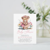 Roze Bloemengroen Elegant Script Baby shower Uitnodiging Briefkaart (Staand voorkant)