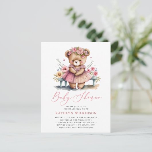 Roze Bloemengroen Elegant Script Baby shower Uitnodiging Briefkaart (Staand voorkant)