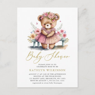 Roze Bloemengroen Elegant Script Baby shower Uitnodiging Briefkaart