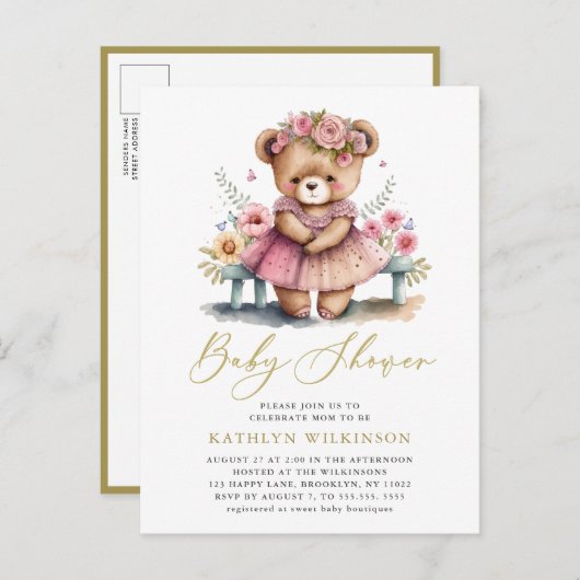 Roze Bloemengroen Elegant Script Baby shower Uitnodiging Briefkaart (Voorkant / Achterkant)