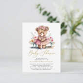 Roze Bloemengroen Elegant Script Baby shower Uitnodiging Briefkaart (Staand voorkant)