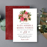 Roze bloemengroen elegante rustieke boho bruiloft kaart<br><div class="desc">Een elegante moderne bruiloft uitnodiging met een rustieke bohemian blush roze dahlias pastel boeket met groen gebladerte en bladeren en een classy rood bordeaux typografie script. Donkerrode waterverf achtergrond op de achterkant die overeenkomt met de kleur van de belettering. Geschikt voor lente, zomer, herfst of winter elegante bloementuin of buitentuin,...</div>
