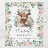 Roze Bloemengroen Highland Koe Baby shower Wijn Etiket (Enkel label)