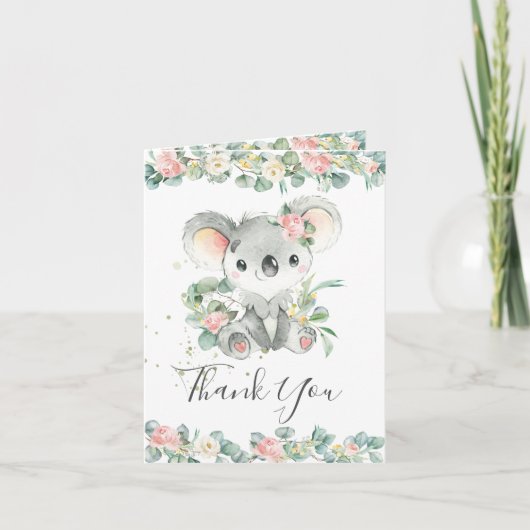 Roze Bloemengroen Koala Verjaardag Baby shower Bedankkaart (Voorkant)