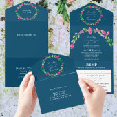 Roze Bloemengroen Ocean Blue Chic Bruiloft RSVP All In One Uitnodiging