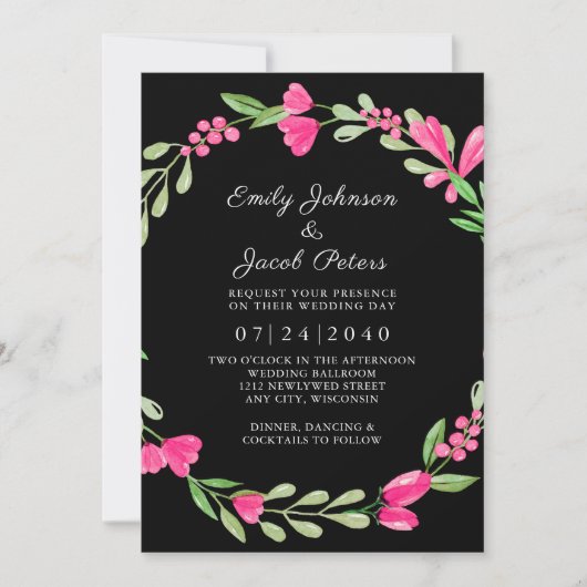 Roze bloemengroen over zwarte elegantie bruiloft aankondiging (Voorkant)