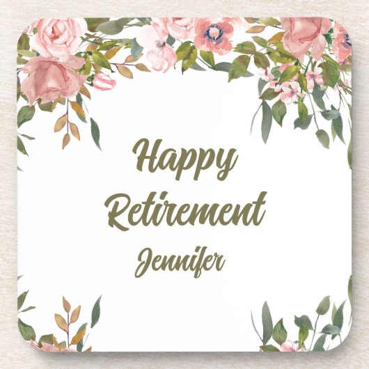 Roze Bloemengroen Rustiek Boho Happy Retirement Bier Onderzetter (Voorkant)