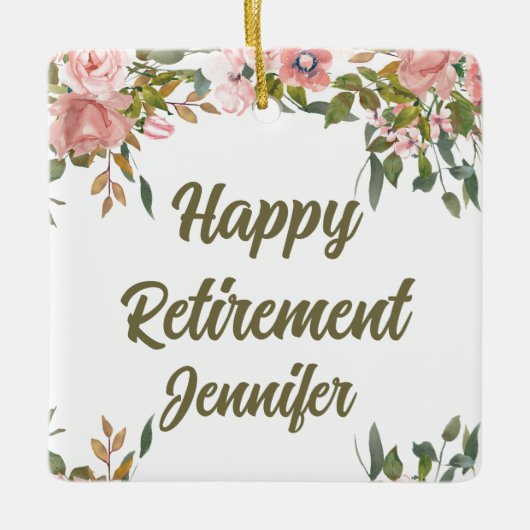 Roze Bloemengroen Rustiek Boho Happy Retirement Keramisch Ornament (Voorkant)