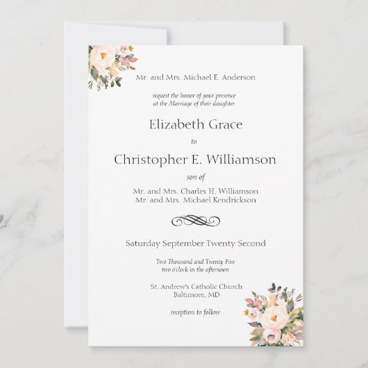 Roze Bloemengroen Traditionele formele bruiloft Kaart (Voorkant)