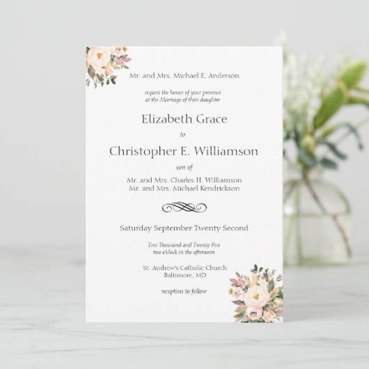 Roze Bloemengroen Traditionele formele bruiloft Kaart (Staand voorkant)