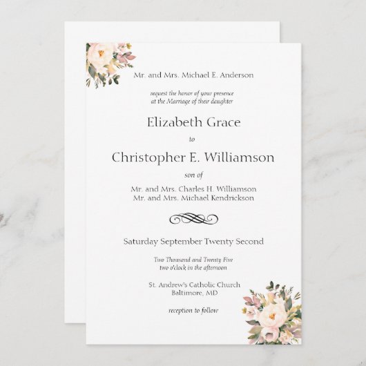 Roze Bloemengroen Traditionele formele bruiloft Kaart (Voorkant / Achterkant)