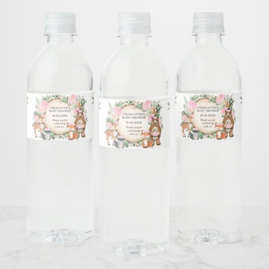 Roze Bloemengroen Woodland Baby shower Favors Waterfles Etiket (Flessen)