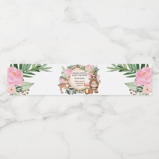 Roze Bloemengroen Woodland Baby shower Favors Waterfles Etiket (Enkel label)
