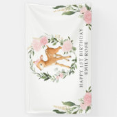 Roze Bloemengroen Woodland Herten 1e Verjaardag Spandoek (Verticaal)