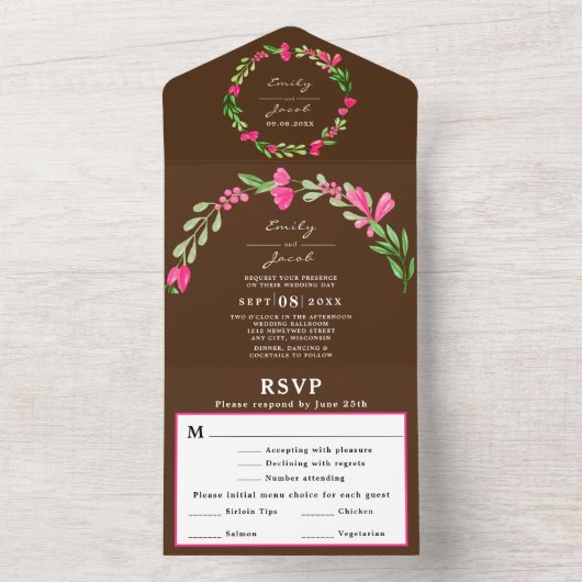 Roze bloemengroenten Moderne bruine elegante trouw All In One Uitnodiging (Binnen)