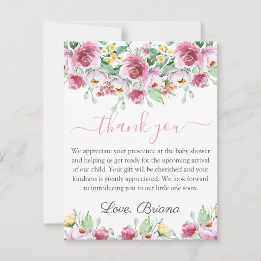 Roze bloemengroet kaart voor babyshower bedankt (Voorkant)