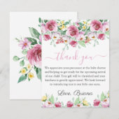 Roze bloemengroet kaart voor babyshower bedankt (Voorkant / Achterkant)