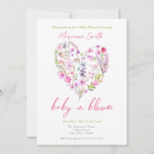 Roze Bloemenhart Baby in Bloom Baby shower Kaart (Voorkant)