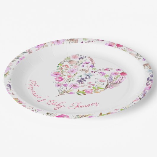 Roze Bloemenhart Baby in Bloom Baby shower Papieren Bordje (Gekanteld)