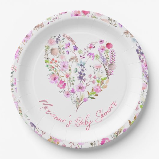 Roze Bloemenhart Baby in Bloom Baby shower Papieren Bordje (Voorkant)