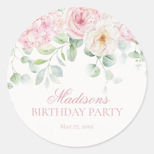Roze Bloemenhortensia Blooms Verjaardag Nodig Seal Ronde Sticker (Voorkant)