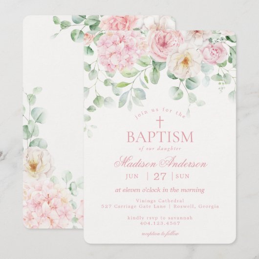 Roze Bloemenhortensia Botanische Bloemen Doop Kaart (Voorkant / Achterkant)