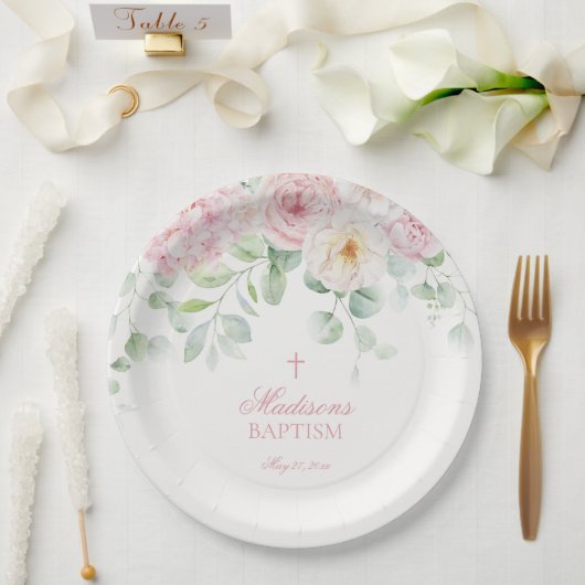 Roze Bloemenhortensia Botanische Bloemen Doop Papieren Bordje (Huwelijk)