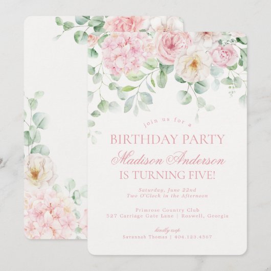 Roze Bloemenhortensia Botanische Verjaardagsfeest Kaart (Voorkant / Achterkant)