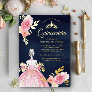 Roze bloemenjurk prinses marineblauwe Quinceanera Folie Uitnodiging